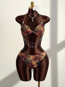 Zestiva 3pcs/Set Summer Hot Selling Beach Vacation Animal Print Knotted Pearl Decor Halter Top + Animal Print Side Drawstring Ruffle Hem Skirt + Animal Print Triangle Bikini Bottom - Multicolor - View 5