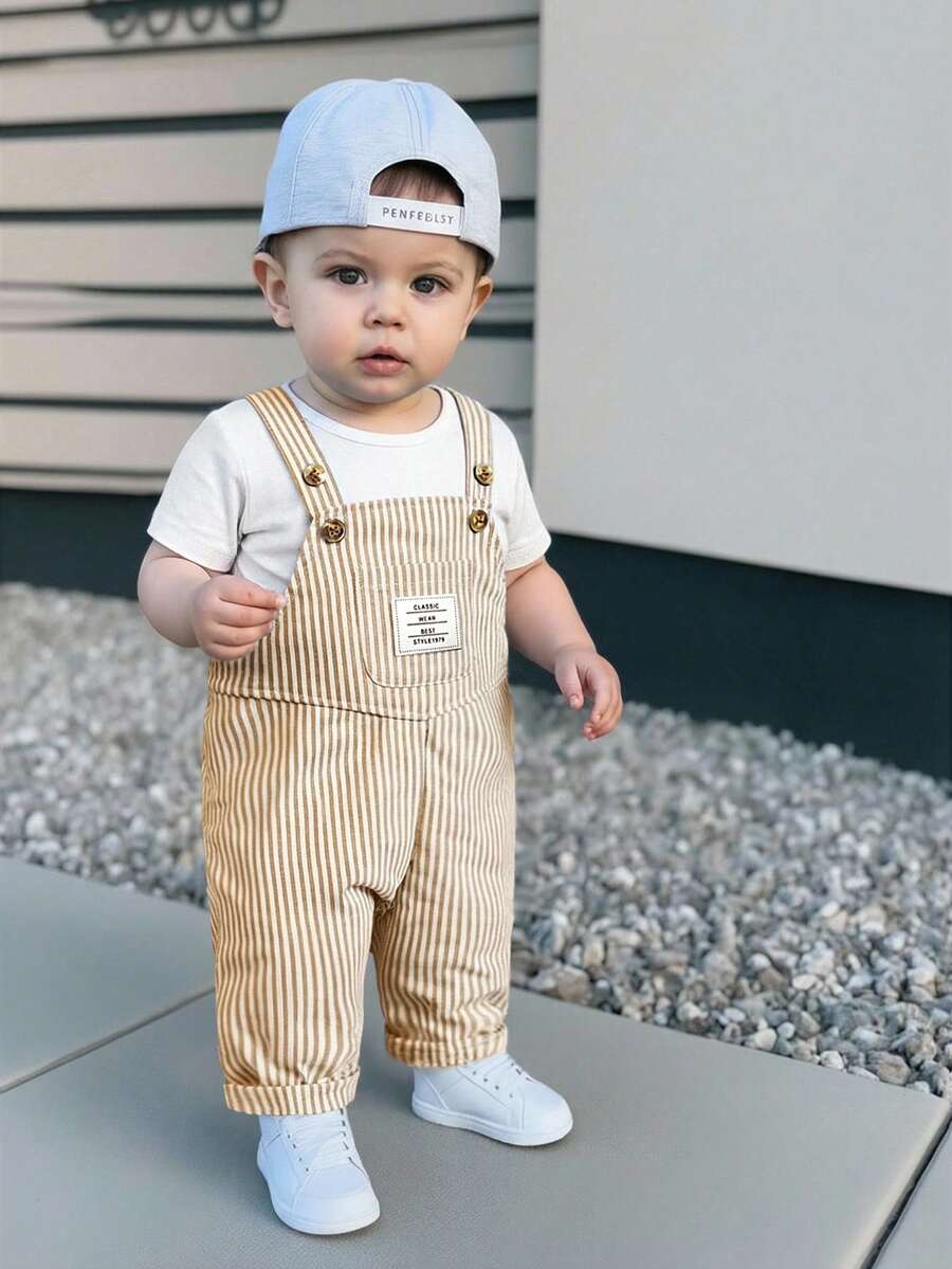 婴幼儿秋冬套装:连体裤,可爱小熊刺绣蓝白条纹背带裤,舒适百搭时尚休闲基础款,适合室内春季、户外滑雪、日常穿着、运动、玩耍、派对、节日、新年等场合。 - 卡其色 - 查看 1