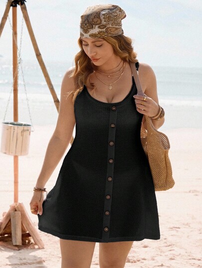 Swim Lushoire فستان كاجوال للسيدات كبيرات الحجم بأزرار وبلون واحد للتغطية على الشاطئ