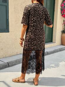 SHEIN 孕妇豹纹撞色蕾丝下摆优雅连衣裙 - 彩色 - 查看 2