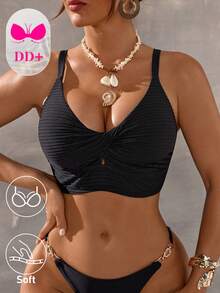 Swim DD+ 2026春夏女士沙滩装，女士泳衣上装，单件装，优雅浪漫性感打结装饰，适合海滩度假，波西米亚风精准条纹纹理面料，DD+丰满专属，聚拢支撑钢圈，聚拢模杯，舒适宽肩带，比基尼上装，黑色，性感奢华，优雅知性，浪漫假期，2026春夏女装新品，新年，情人节，返校季，旅行季，适合度假、海滩、下午茶野餐、派对、日常穿着、居家休闲、户外运动，时尚穿搭，女士两件式泳衣，女士泳装，女士两件式泳衣，泳衣上装，泳装 - 黑色 - 查看 3