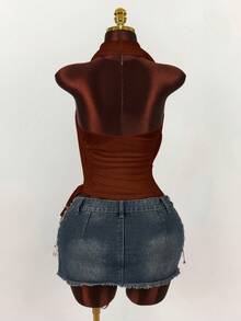 Amplova 女士垂褶领双层衬衫，不对称下摆，侧边褶皱 - 咖啡棕 - 查看 10