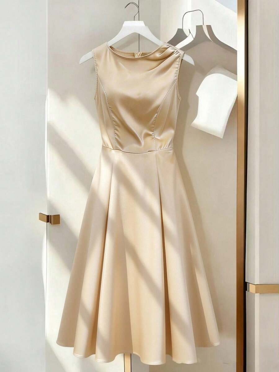 Lyxana 优雅女士无袖杏金色缎面亮面连衣裙，适合假日、休闲外出、约会、聚会、派对、野餐、度假、情人节、婚礼、正式场合等。纯色连衣裙，缎面连衣裙，优雅女士连衣裙，崇拜连衣裙，女士连衣裙折扣码，惊艳连衣裙 - 金色 - 查看 1