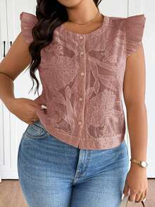 SHEIN Frenchy Áo kiểu dáng tối giản, màu trơn, tay ngắn, chất liệu vải dệt họa tiết, cổ tròn, cỡ lớn. - Hồng - Xem 2