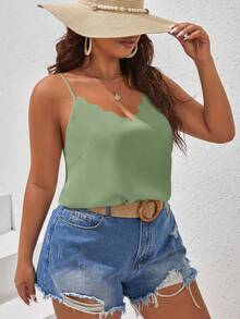 SHEIN Frenchy Plus Size Women Casual Solid Color Camisole Top - Green - View 7
