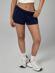 SHEIN PETITE Quần short nữ màu trơn, cạp chun, dáng rộng, thoải mái, kiểu dáng thường ngày. - Màu xanh hải quân - Xem 7