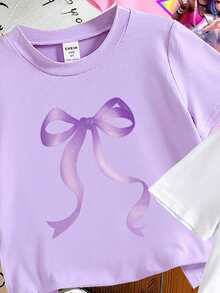 3pcs/Set Young Girls Casual K-POP Girl Group Bow Print Round Neck Short Sleeve White, Pink, Purple T-Shirts, Fashionable & Cute Girls Summer Tops With Bow & Letter Elements - Pink - View 5