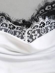 Sweetra 法式优雅简约吊带背心套装，腰部褶皱设计，蕾丝拼接胸部，性感迷人，清爽百搭，通勤必备时尚女款吊带背心 - 黑與白 - 查看 6