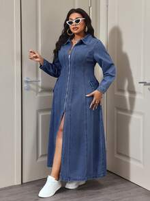 Slaydiva Plus Size Casual Commuter Front Zipper Split Denim Dress - Dark Wash - View 4