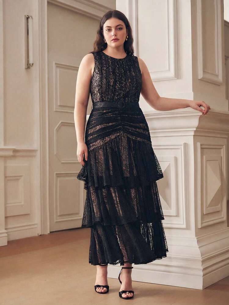 Black Lace Ruffle Tiered Plus Size Dress With Belt, Elegant For Party, Wedding Guest, Suitable For Summer & Spring