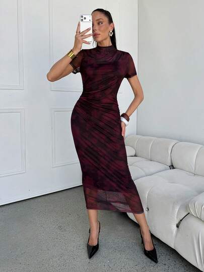 Lavishia 女士春夏短袖中长连衣裙，时尚抽象印花修身连衣裙，优雅时尚，适合外出、派对、婚礼等场合。