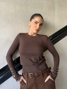 Marta Soriano 百搭圆领休闲百搭长袖针织汗衫 - 咖啡棕 - 查看 5