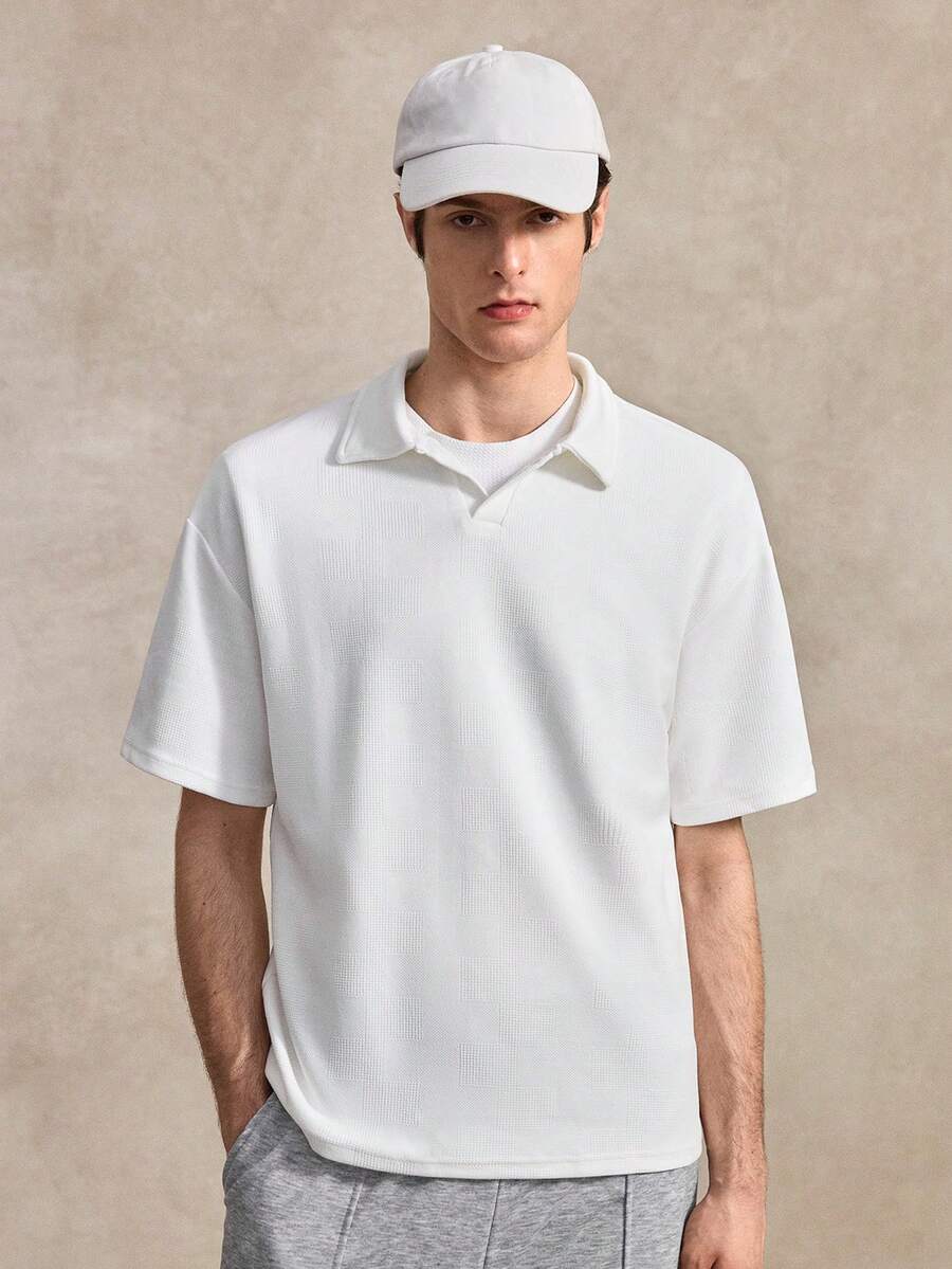 Courvante 男士半開襟插肩袖短袖休閒條紋 Polo 衫，純白色學院風高爾夫橄欖球網球衫，附口袋，透氣 - 白色 - 查看 1