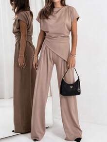 Lavishia Conjunto cómodo y elegante de 2 piezas para uso diario: Top con pliegues de manga corta y pantalones de pierna ancha - Caqui - Ver 6