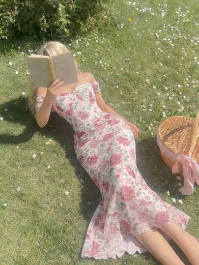 SHEIN MOD Vintage Romantic Floral Print Off-Shoulder Mermaid Dress – Party, Wedding, Outing, Cute, Date, Party, Women's Summer And Spring Wear, Spring Break, Vacation, Picnic, Festival, Birthday Outfit