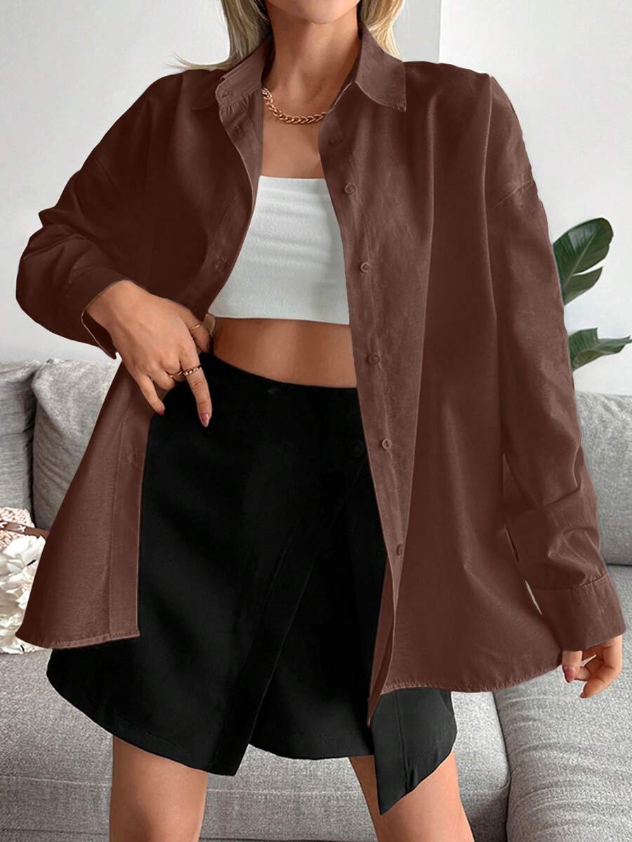 Cottnline 1pc Solid Drop Shoulder Button Front Shirt - Brown - View 1