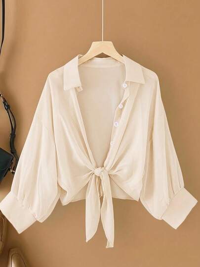 GlowEve CURVE Plus Size Women's Casual, Vacation, Daily, Workwear Loose Fit Solid Color Drop Shoulder Twist Front Blouse, Suitable For Spring, Summer, Autumn