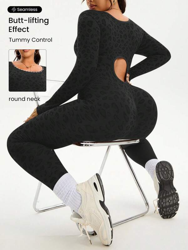 SHEIN Sports Plus Size Women Seamless Leopard Print Sports Backless Long Sleeve Jumpsuit