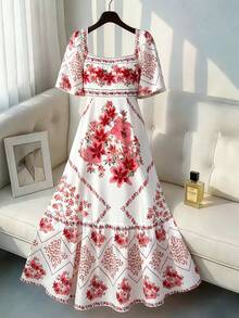 GlowEve CURVE 大码女式荷叶边袖收腰印花连衣裙，适合度假和浪漫旅行 - 彩色 - 查看 3