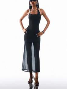 Airlisse 女士性感露背吊带透视下摆紧身连衣裙 - 黑色 - 查看 5