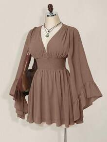 SHEIN ICON Đầm ngắn nữ thanh lịch kiểu dáng nghỉ dưỡng, màu trơn, tay bồng, eo thắt, thích hợp cho mùa xuân/hè. - Màu Khaki - Xem 8