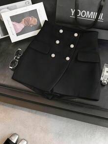 Franclia Quần short nữ màu đen dáng suông, thanh lịch, chất liệu giả len, thích hợp cho đi làm, dự tiệc, sự kiện/mặc hàng ngày/nghỉ dưỡng/hẹn hò/trang phục công sở. - màu đen - Xem 1