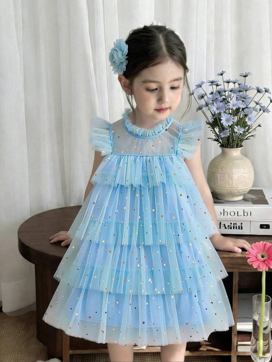 SHEIN Elladie kids Young Girl' Ruffled Gradient Sequin Mesh Cake Dress, Suitable For Party & Holiday, Summer Kids Dresses Little Girls Dresses Toddler Dresses Young Girl Dresses - Blue - View 1