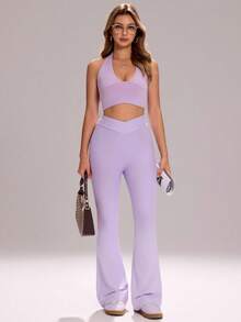 Sovereign Charm Casual Versatile Waistband Criss-Cross Design Slim-Fit Flared Sports Pants - Mauve Purple - View 5