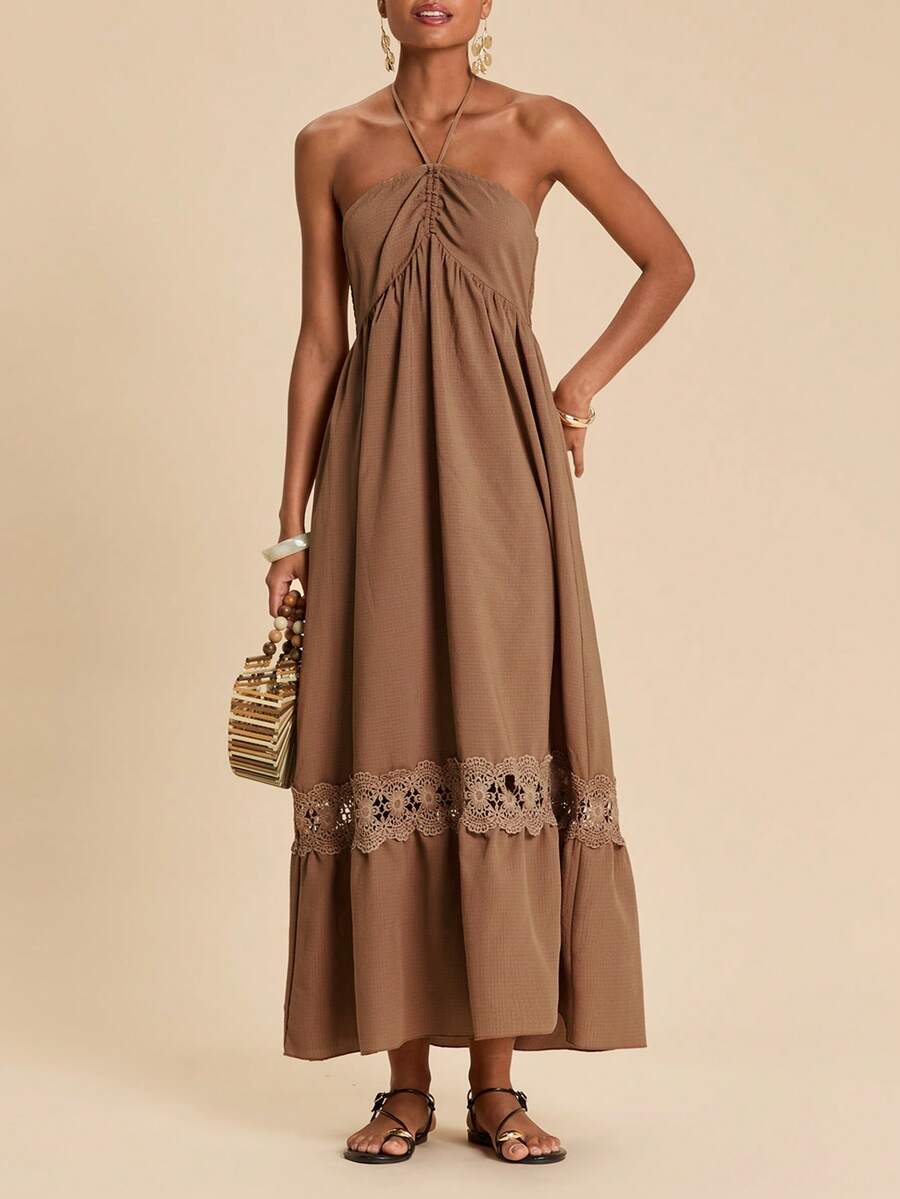 Travachic 1pc Women's Spring/Summer Vacation Sexy Textured Fabric Halter Neck Tie Waist Ruffle Hem Midi Dress - Coffee - View 1
