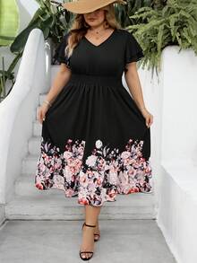 SHEIN CURVE+ Curve 尺码 US22 音乐节、海滨度假、波西米亚风女士优雅印花中长裙、春夏印花连衣裙 - 彩色 - 查看 9