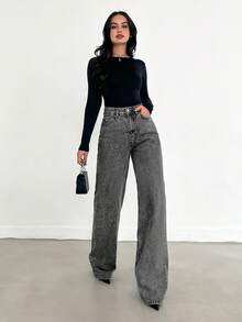 SHEIN Tall QUẦN JEAN XANH DƯƠNG CỠ CAO CHÂN RỘNG VÁY DÀI - 716 GR - màu đen - Xem 4