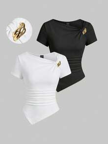 Sweetra Elegant Metal Decor Asymmetric T-Shirt, Summer - Multicolor - View 4