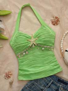 Top corto con cuello halter con estrella de mar blanca | Top con lazo removible ajustado y fruncido, adecuado para niñas preadolescentes, silueta corta con decoración de estrella de mar + cadena de perlas | Elementos dulces de estilo marino, agrega un toque refinado Diseño de cuello halter + lazo removible | Estilo flexible, tela ajustada y fruncida que se ajusta sin aprieto, cómodo y de moda - Verde - Ver 7