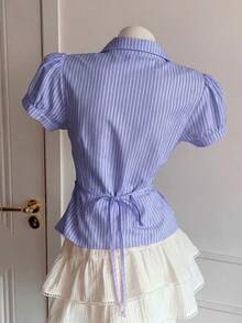 Comfortcana 女士蓝色条纹短款泡泡袖单排扣休闲衬衫，夏季服装 - 藍色 - 查看 2