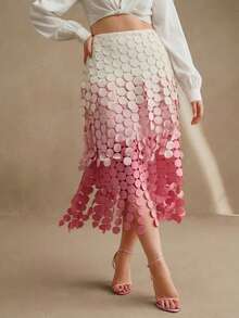 Anewsta 流苏镂空刺绣高腰半身裙，飘逸垂坠镂空半身裙，女士夏季节日装扮 - 粉色 - 查看 5