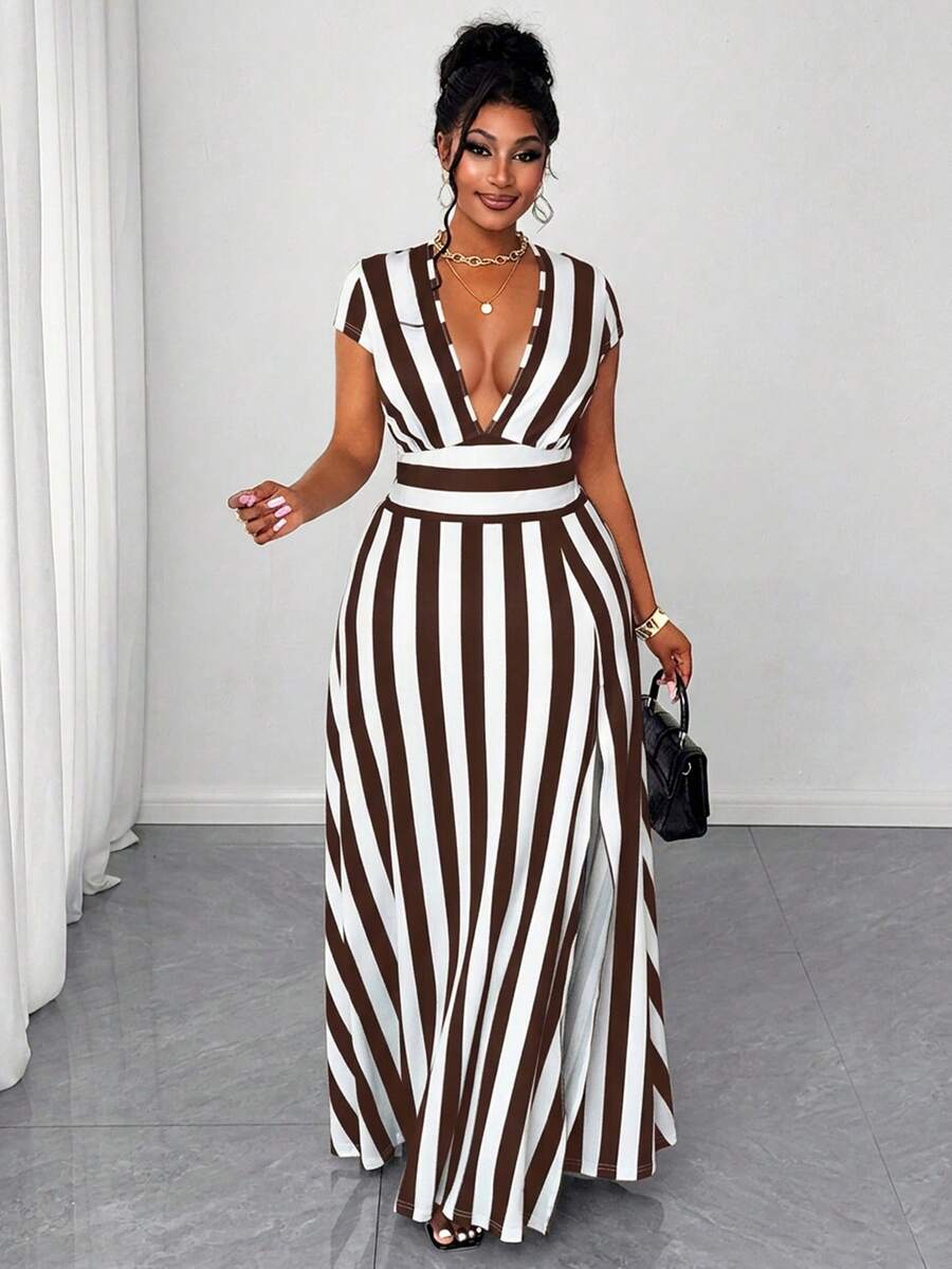 Maweii 大码女式深V领条纹优雅收腰派对连衣裙 - 棕色 - 查看 1