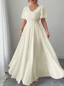 Elenzga Plus Size Women's V-Neck A-Line Chiffon Dress With Ruffle Sleeves, Elegant And Romantic - Apricot - View 1