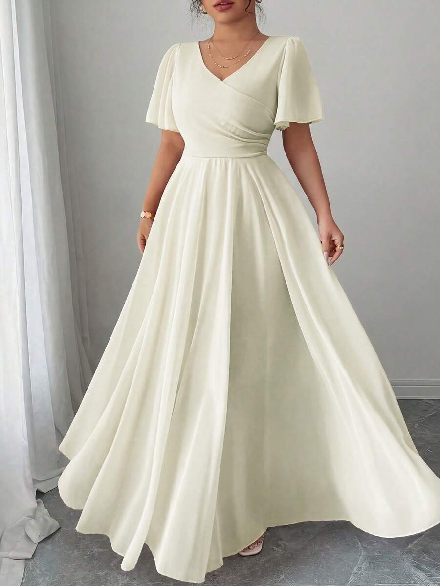 Elenzga Plus Size Women's V-Neck A-Line Chiffon Dress With Ruffle Sleeves, Elegant And Romantic - Apricot - View 1