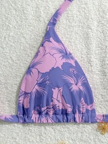 Swim Mod 大码女士热带花卉装饰挂脖比基尼上衣，时尚活力，适合夏季度假 - 淡紫色 - 查看 3