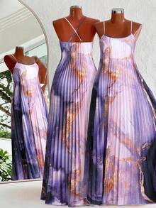 DreamSkyne Plus Size Ombre Starry Sky Print Pleated Dress Gym Brown Summer - Purple - View 2