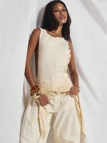 MUSERA Slash Neck Tie Waist Wide Sleeveless Fitted Top Coord Top Only Cute Holiday Sexy Night Out Vacation Spring Summer Elegant Soleil Drape - Yellow - View 5