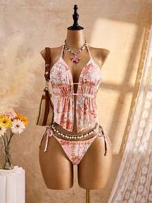 Bellisia Women's Two Pieces Tropical Cute Print Halter Neck Tie Pants Side Tie Beach Vacation Casual Party Bikini Set Set - Multicolor - View 1