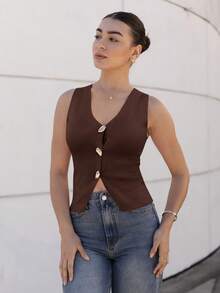 Andrea Bello Camiseta sin mangas casual de mujer con botones delanteros de unicolor, para verano en otoño/invierno - Café integral - Ver 4