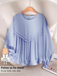 CosyJoli Plus Size Striped Round Neck Long Sleeve T-Shirt - Baby Blue - View 1