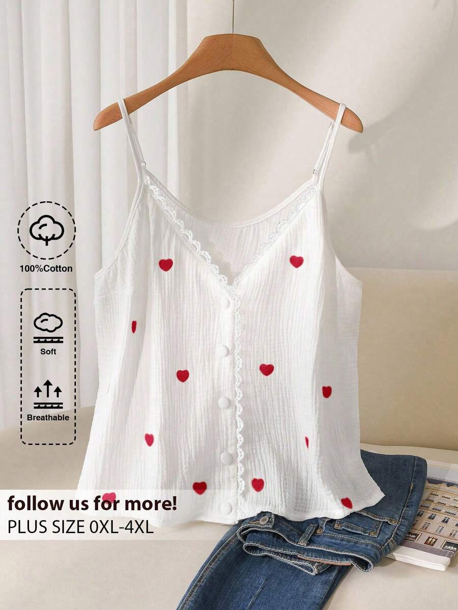 CosyJoli Áo camisole mùa hè cỡ lớn không tay, dây mảnh, phối ren, họa tiết trái tim. - Đỏ và trắng - Xem 1