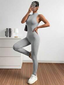 SHEIN EZwear 灰色针织无缝无袖连体裤 - 灰色 - 查看 5