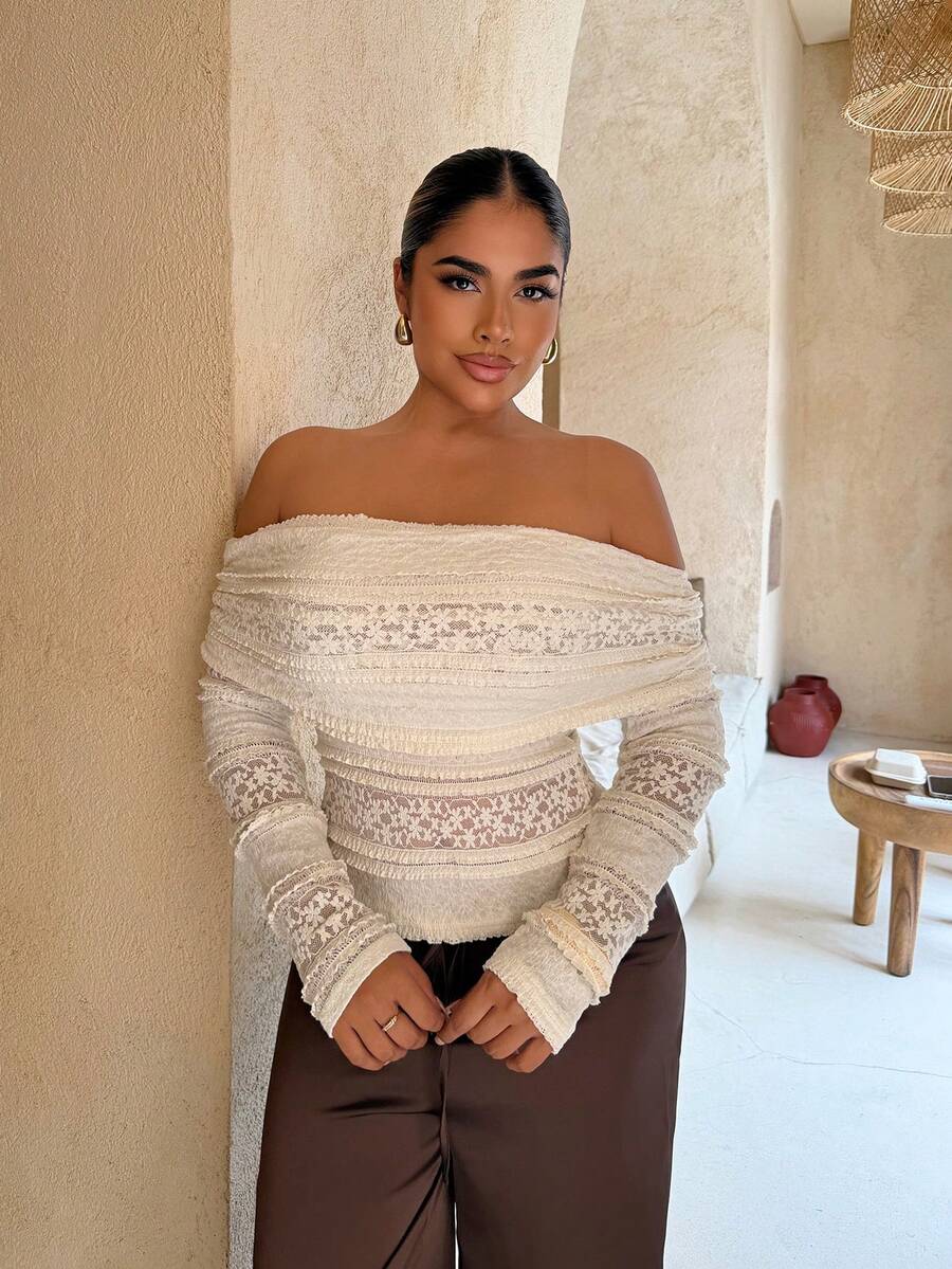 Maria Perezxox 女士镂空蕾丝衬衫,露肩休闲度假街头风钩针沙滩衬衫,长袖T恤,适合秋季、春季、夏季穿着 - 米色 - 查看 1