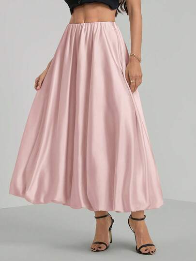 SHEIN Tall Women's Beige Satin Pleated Bubble Simple A-Line Skirt