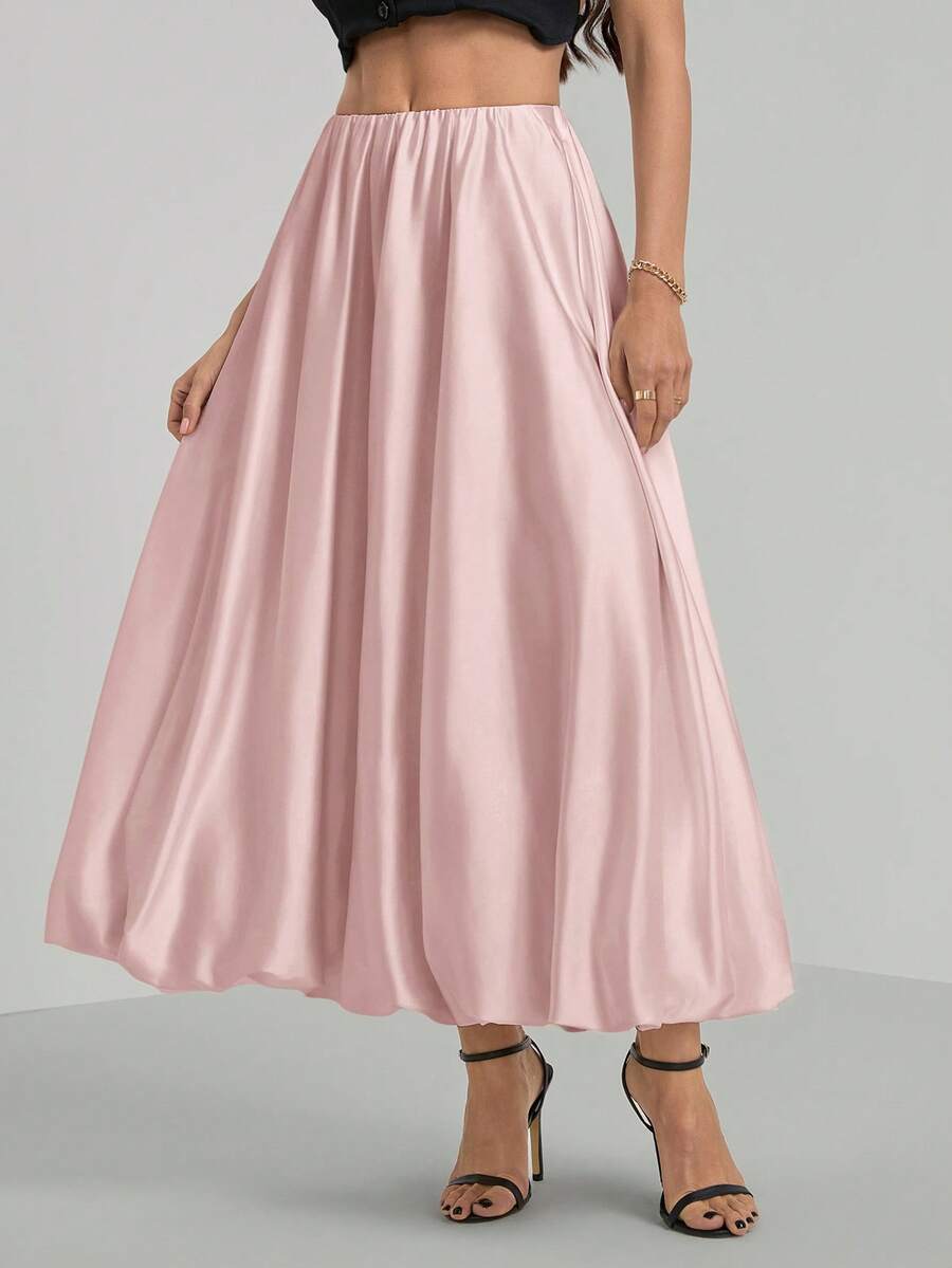 SHEIN Tall Chân váy xếp ly dáng chữ A đơn giản bằng vải satin màu be dành cho nữ.