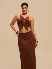 Levarali Plus Size Women's Chocolate Brown 2-Piece Skirt Set,Boho Summer Holiday Beach Outfits,Floral Shaped Camisole Top&Backless Textured Fabric Vacation Set - Brown - View 5
